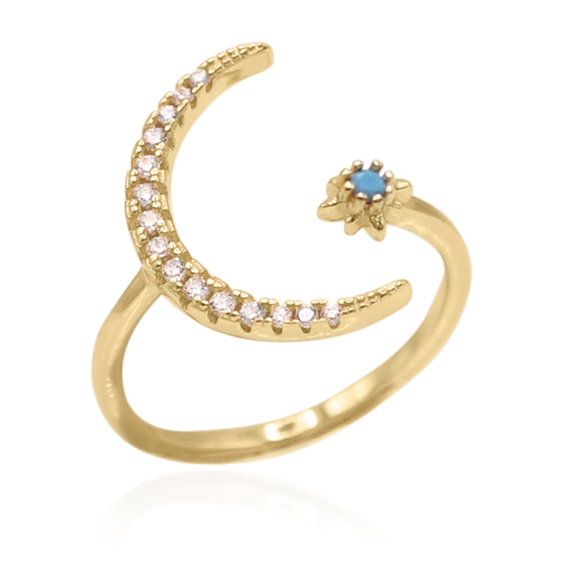 Star and Moon Birthstone Ring in 18K Gold Plated Silver