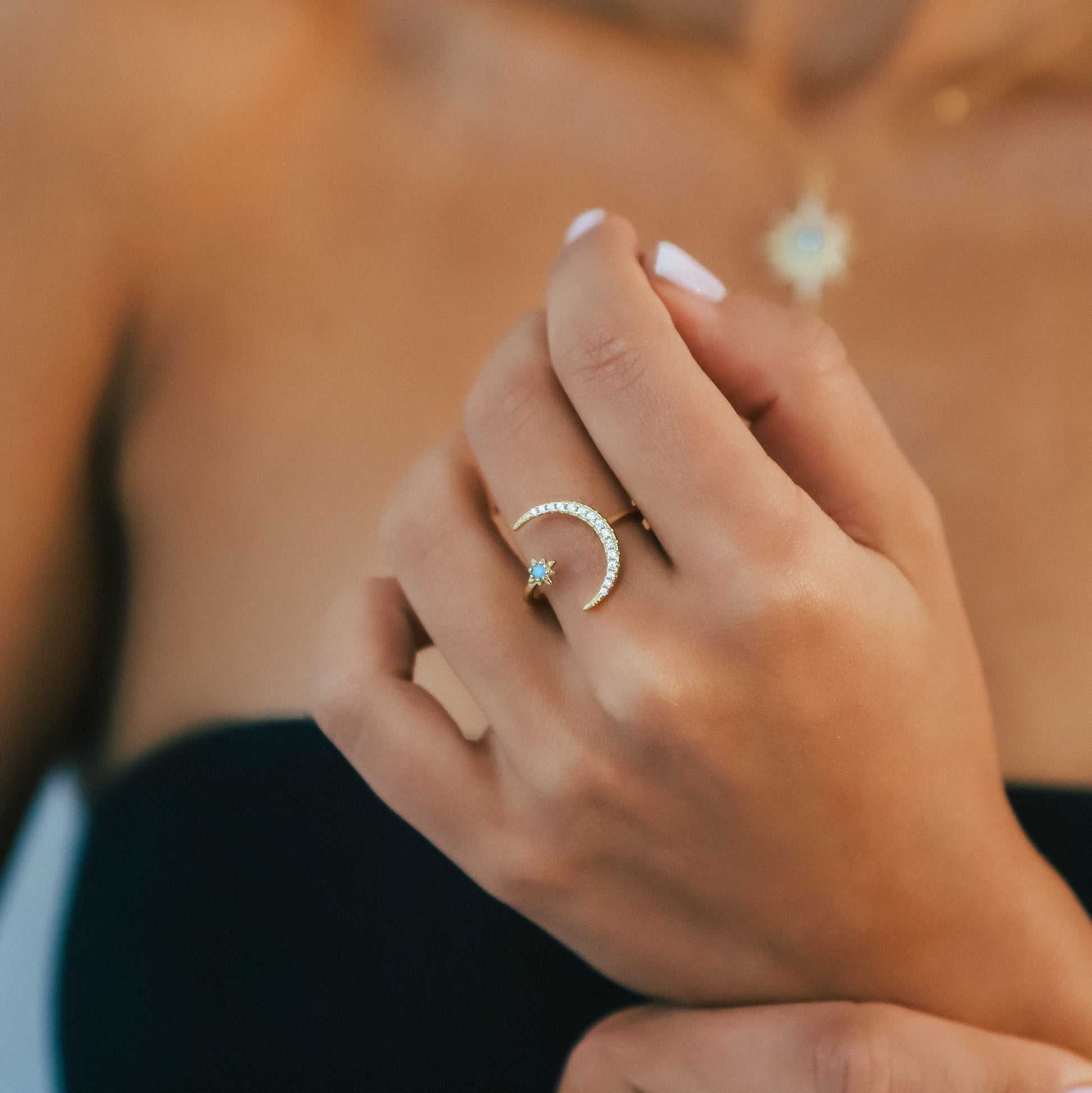 Star and Moon Birthstone Ring in 18K Gold Plated Silver
