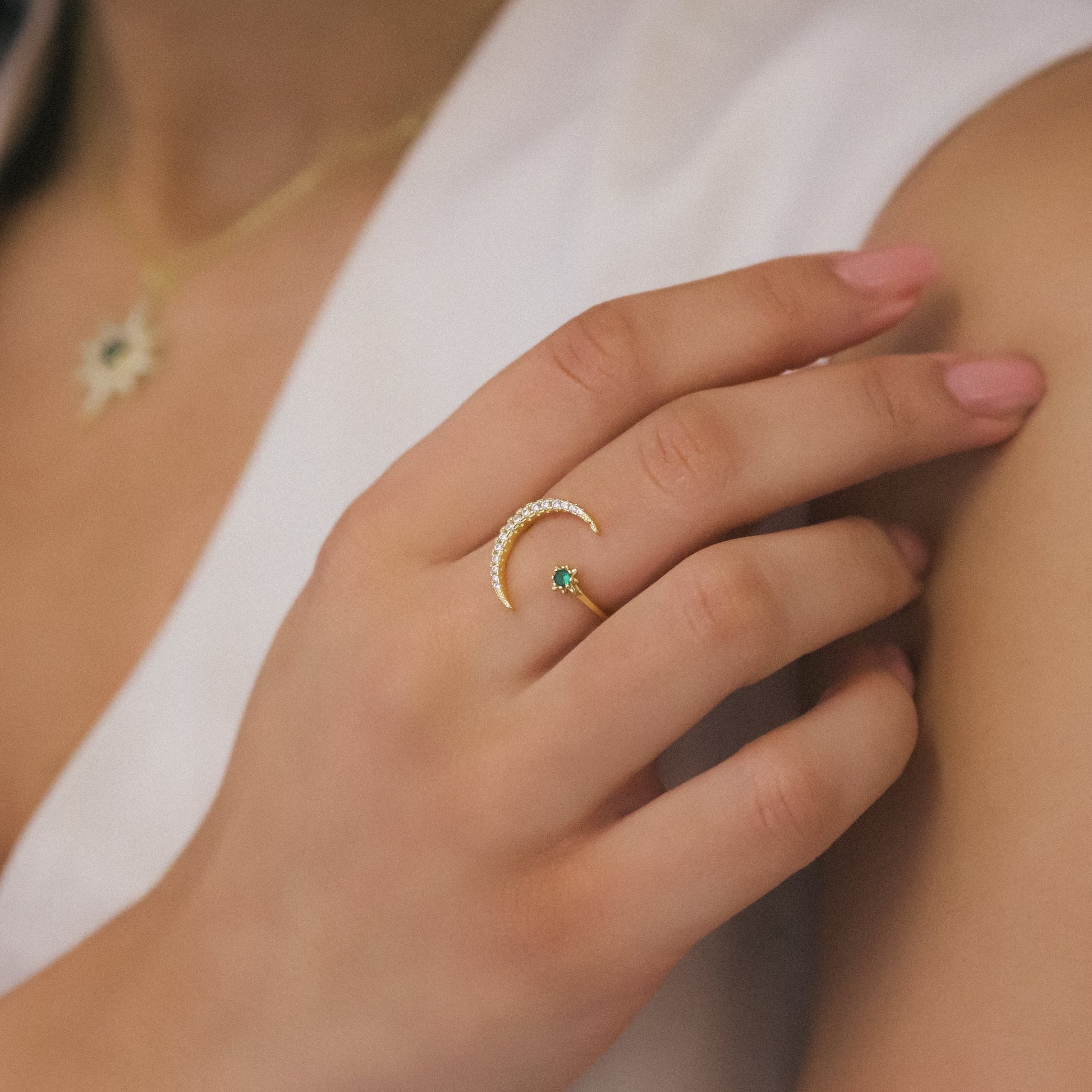 Star and Moon Birthstone Ring in 18K Gold Plated Silver