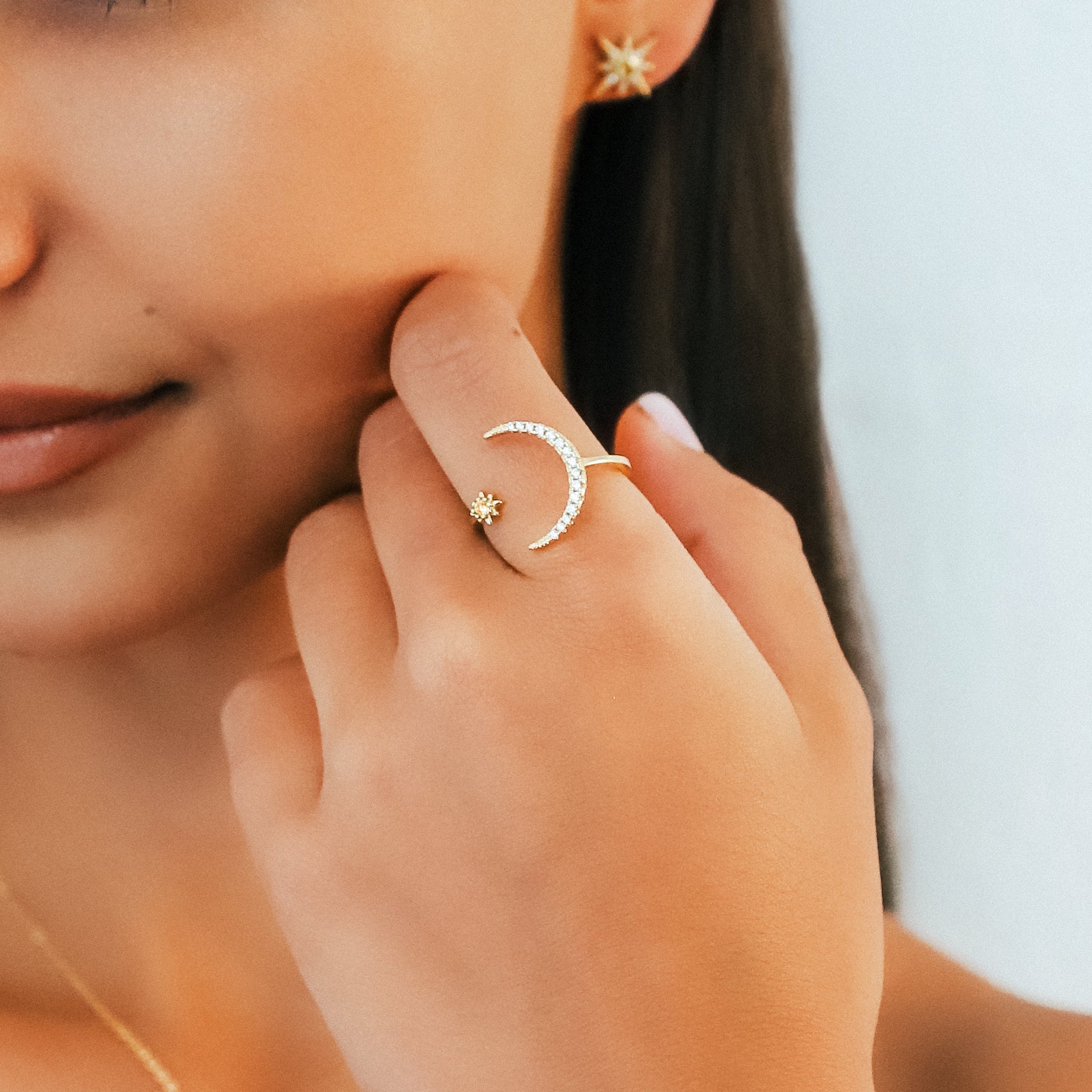 Star and Moon Birthstone Ring in 18K Gold Plated Silver