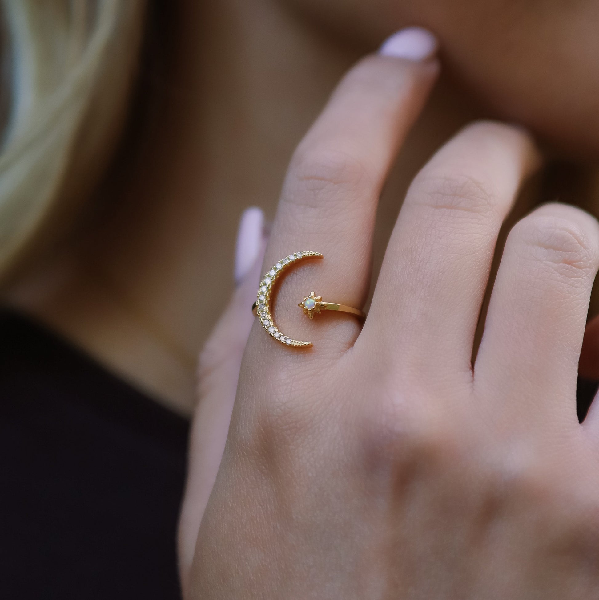 Star and Moon Birthstone Ring in 18K Gold Plated Silver