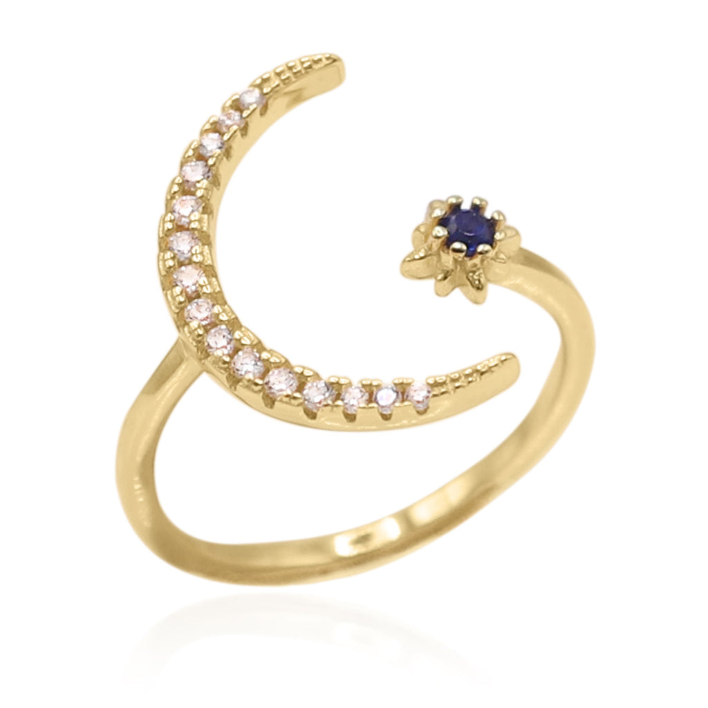 Star and Moon Birthstone Ring in 18K Gold Plated Silver