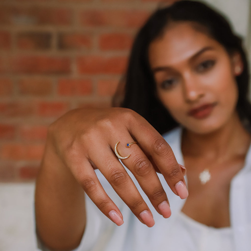 Star and Moon Birthstone Ring in 18K Gold Plated Silver