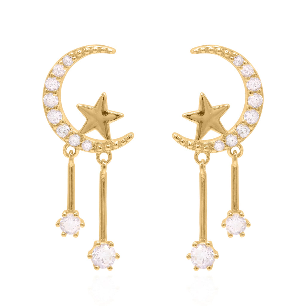 Moon and Star Drop Earrings in 18k Gold Plated Silver