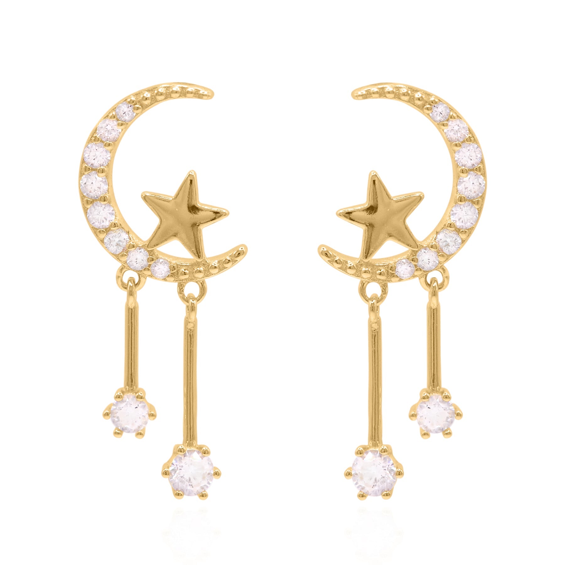 Moon and Star Drop Earrings in 18k Gold Plated Silver