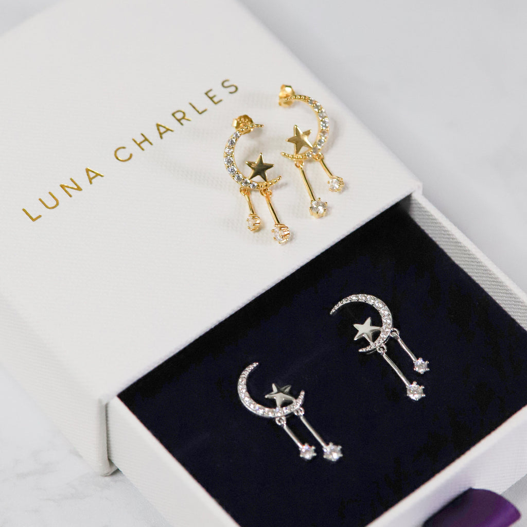 Moon and Star Drop Earrings in 18k Gold Plated Silver