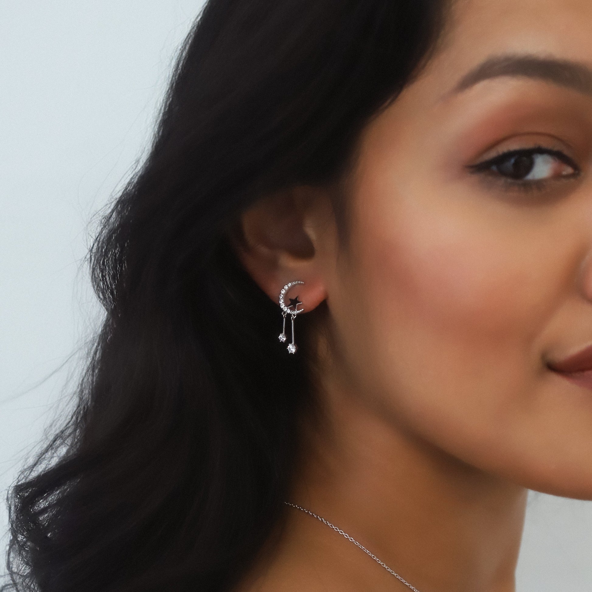 Moon and Star Drop Earrings in 925 Sterling Silver