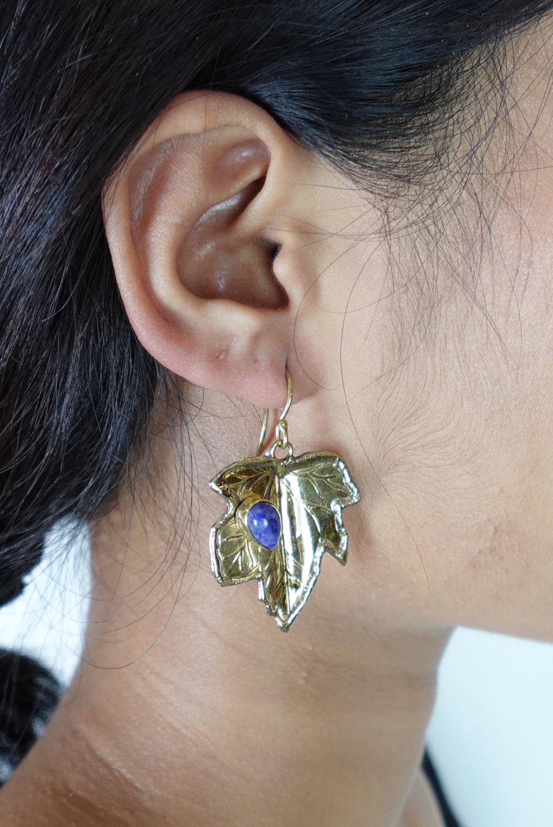 Brass Leaf Dangle Earrings with Blue Lapis and Labradorite