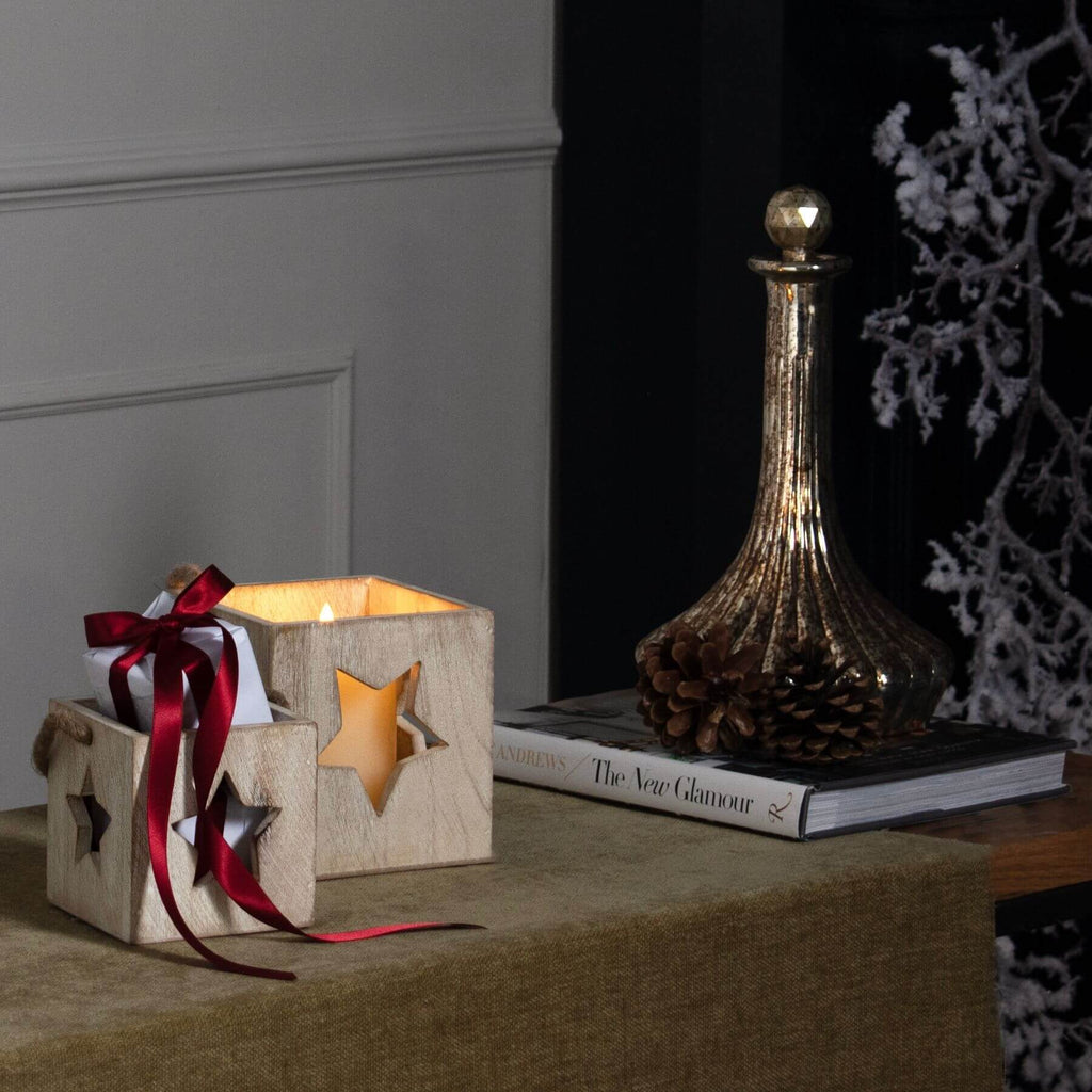 Handcrafted wooden star tealight holder with white-washed finish, rustic home decor for cozy ambiance by RoomLondon at brixbailey.com