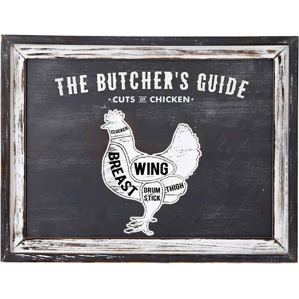 Vintage grey butcher's chicken cuts plaque on wood, farmhouse kitchen decor with white meat diagram detailing by sostter at brixbailey.com