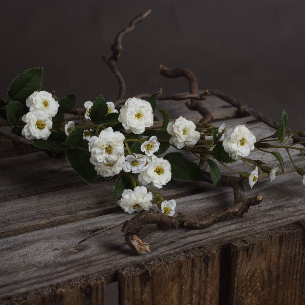 White wild meadow rose spray, lifelike floral decor with pristine plastic petals and foliage, 74cm tall by sostter at brixbailey.com