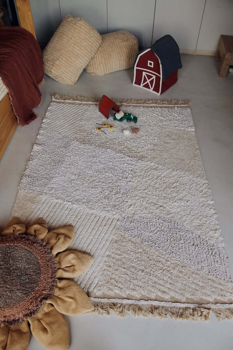 Rectangular Cotton Play Rug in Natural Colors with Stripes - Farm Landscape Design, Safe & Washable by Lorena Canals at www.brixbailey.com