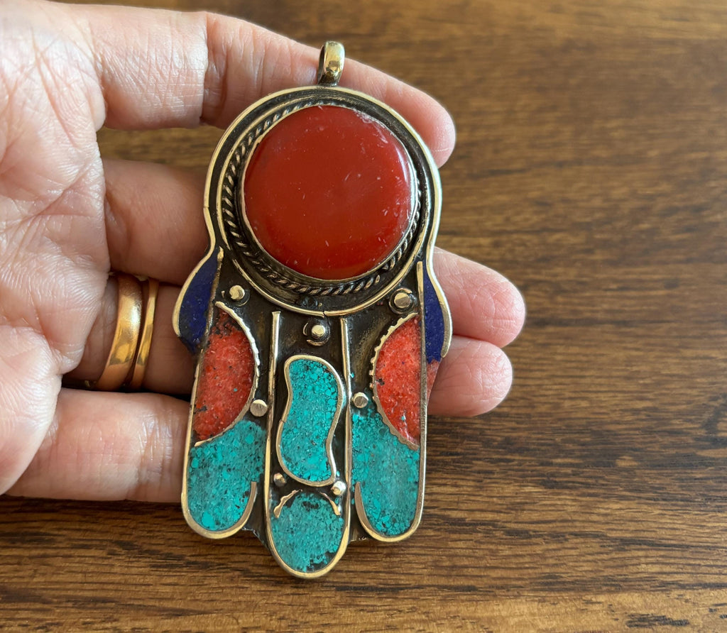 Silver Plated Hamsa Pendant with Gemstones