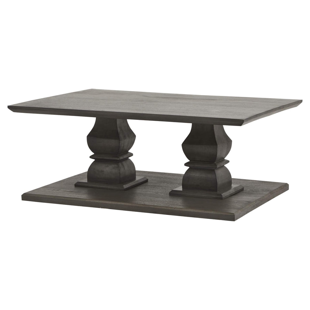 Handcrafted Lucia acacia wood coffee table in deep grey, modern chunky silhouette for living room centerpiece by RoomLondon at brixbailey.com