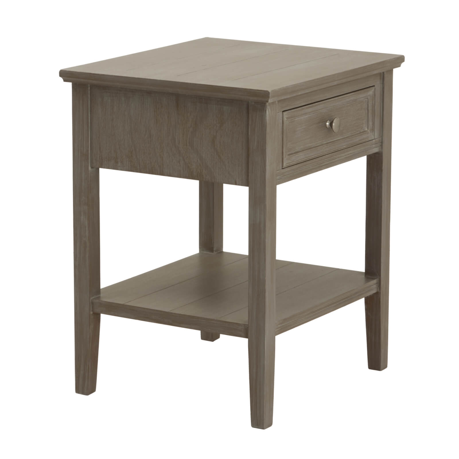 Serene one-drawer side table in grey oak finish, minimalist solid wood nightstand with smooth-gliding drawer by Sostter at brixbailey.com
