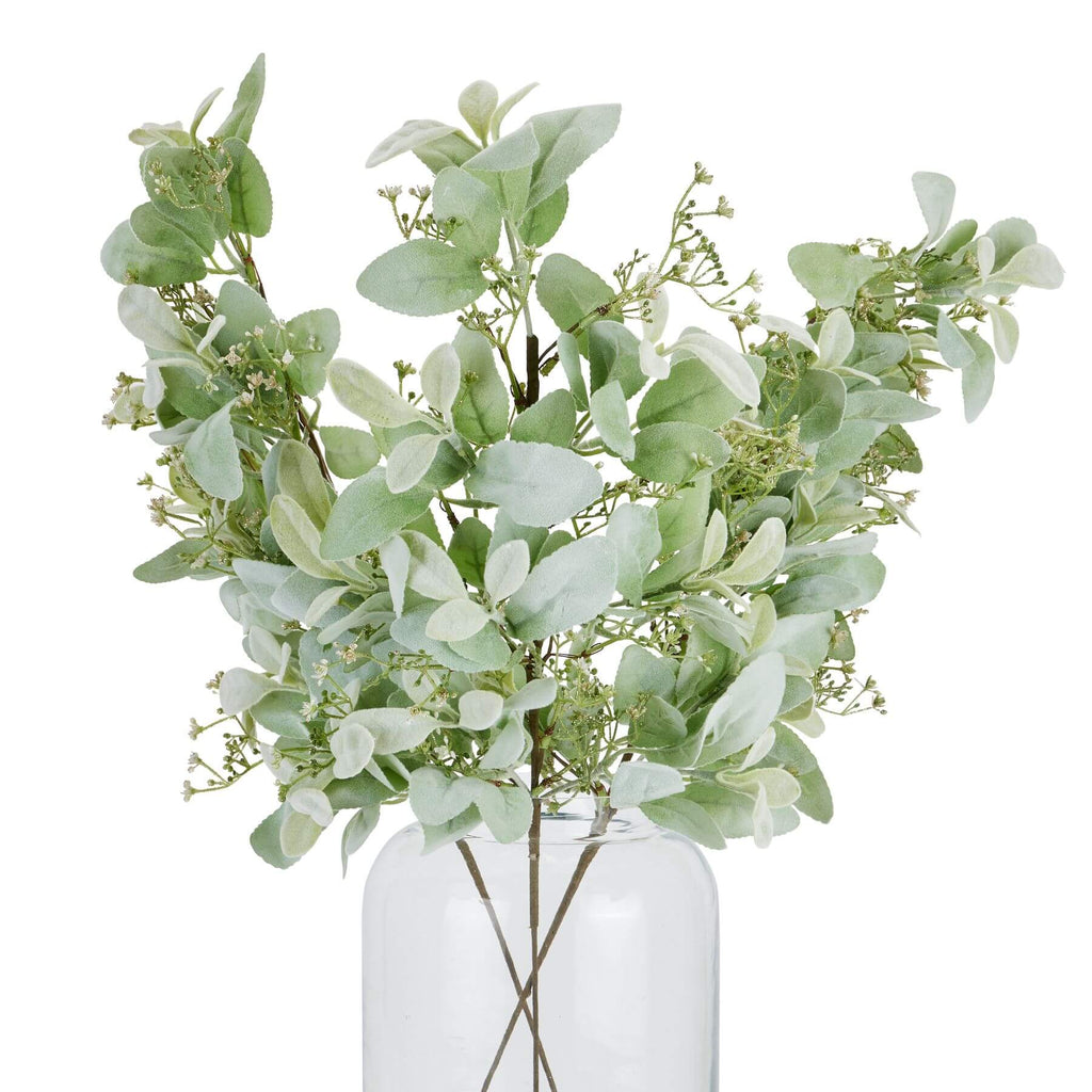 Large winter sprig with lambs ear and wax flower accents in soft green, lifelike plastic foliage for home decor. by sostter at brixbailey.com