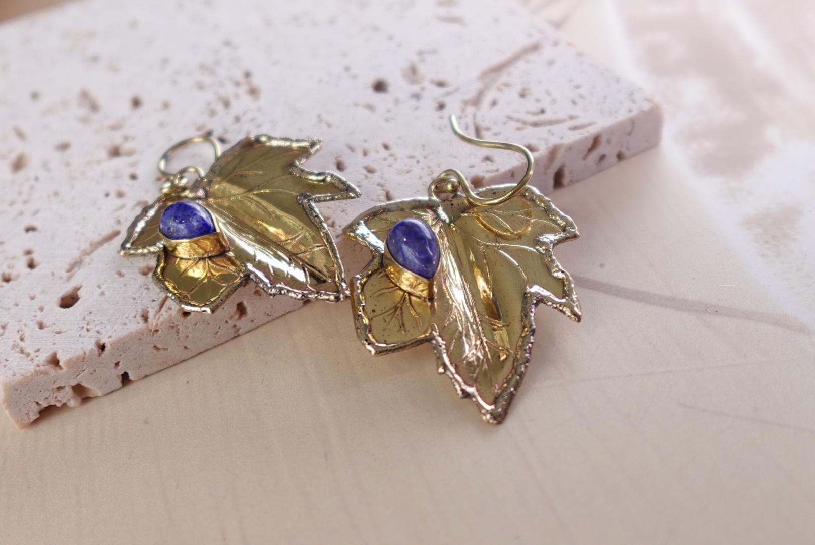 Brass Leaf Dangle Earrings with Blue Lapis and Labradorite