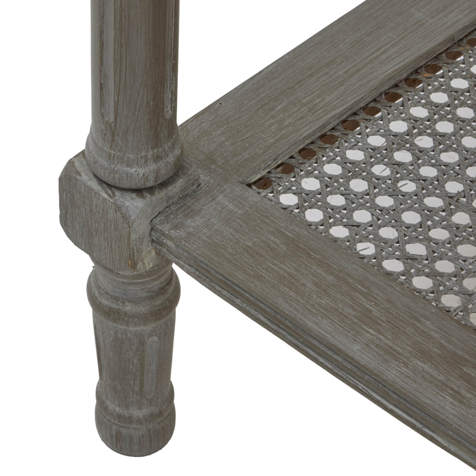 Handwoven rattan side table with tapered legs in soft grey, 60cm height, modern organic texture for coastal or minimalist decor by RoomLondon at brixbailey.com