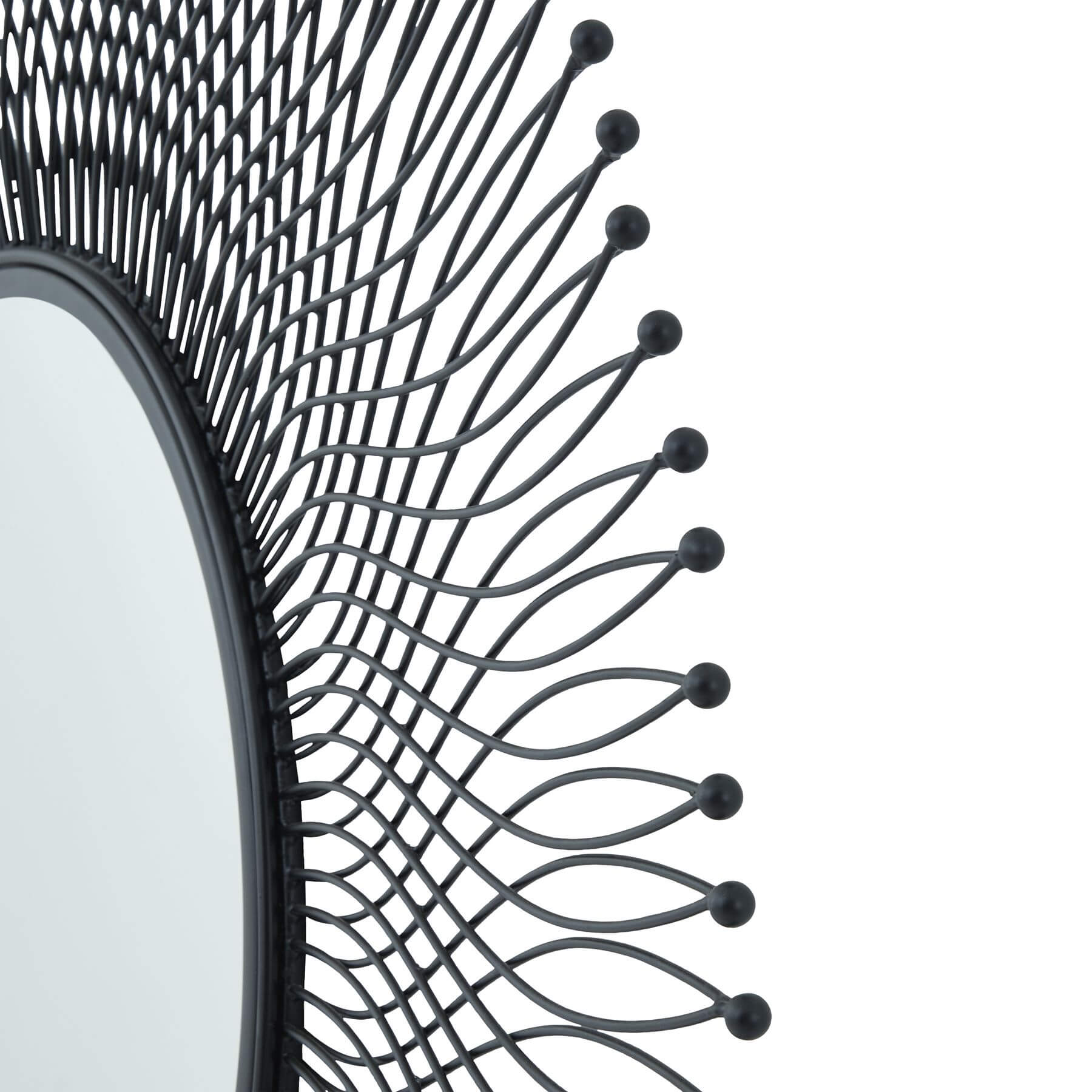 Black geometric wire mirror with industrial design, 109cm circular shape, casting dynamic shadows on matte black metal frame. by Sostter at brixbailey.com