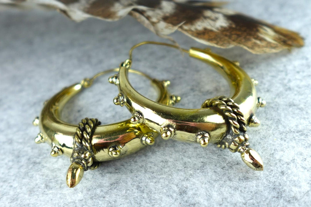 Chunky Brass Spike Hoop Earrings in Antique Gold