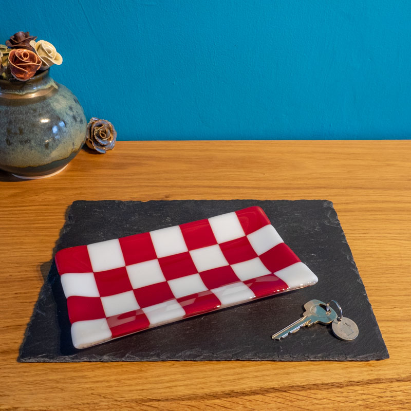Chequered White and Colour Large Fused Glass Tray 21x12cm