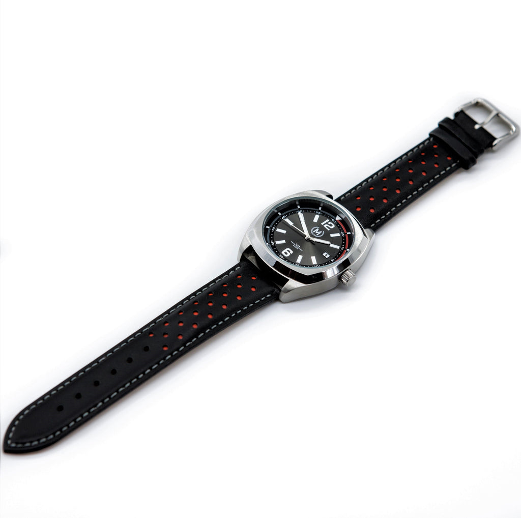 Black and Red Leather Rally Watch Strap with Silver Buckle