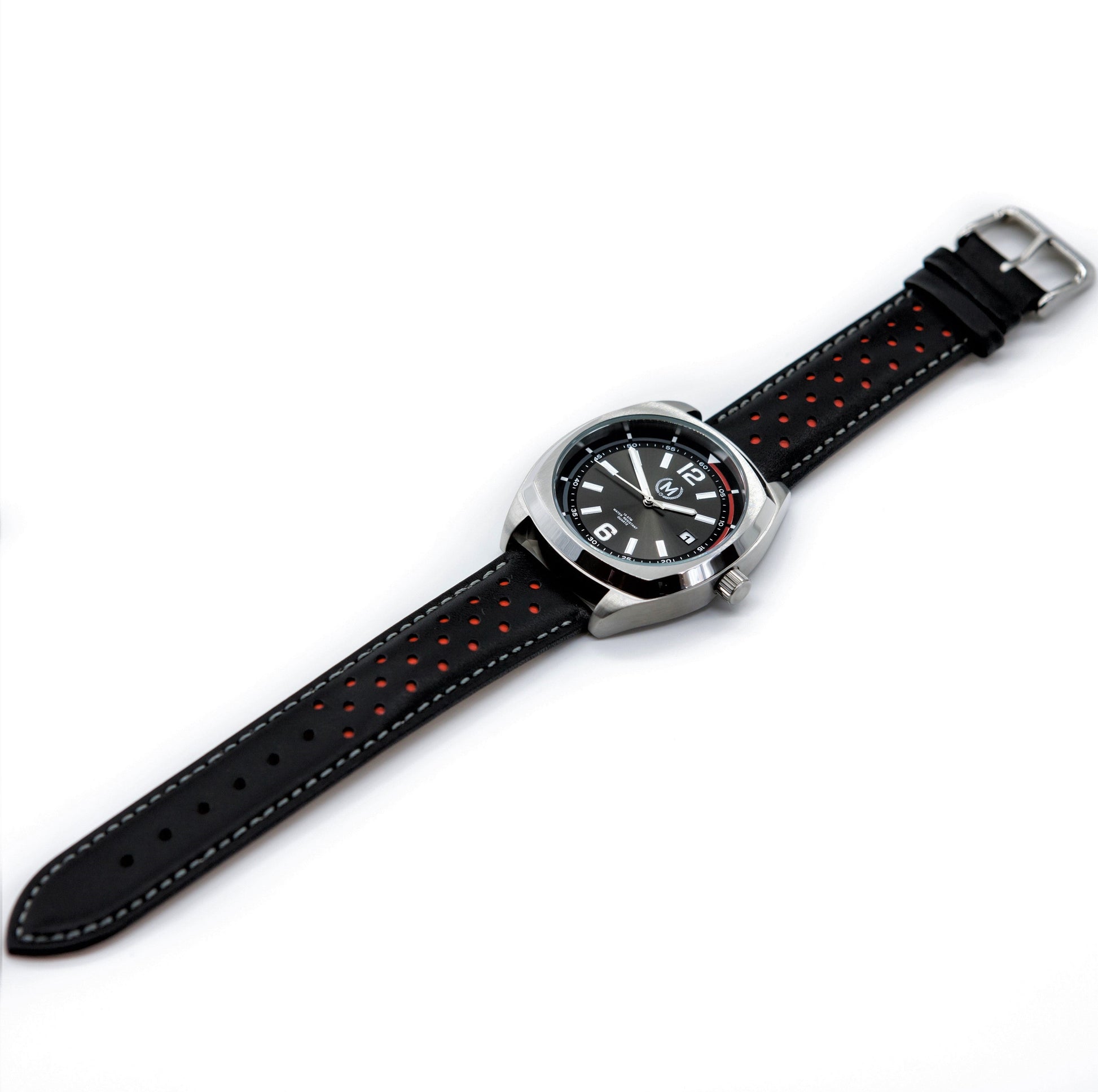 Black and Red Leather Rally Watch Strap with Silver Buckle