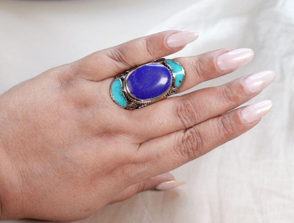 Large Silver Mosaic Rings with Turquoise, Coral and Lapis Inlay