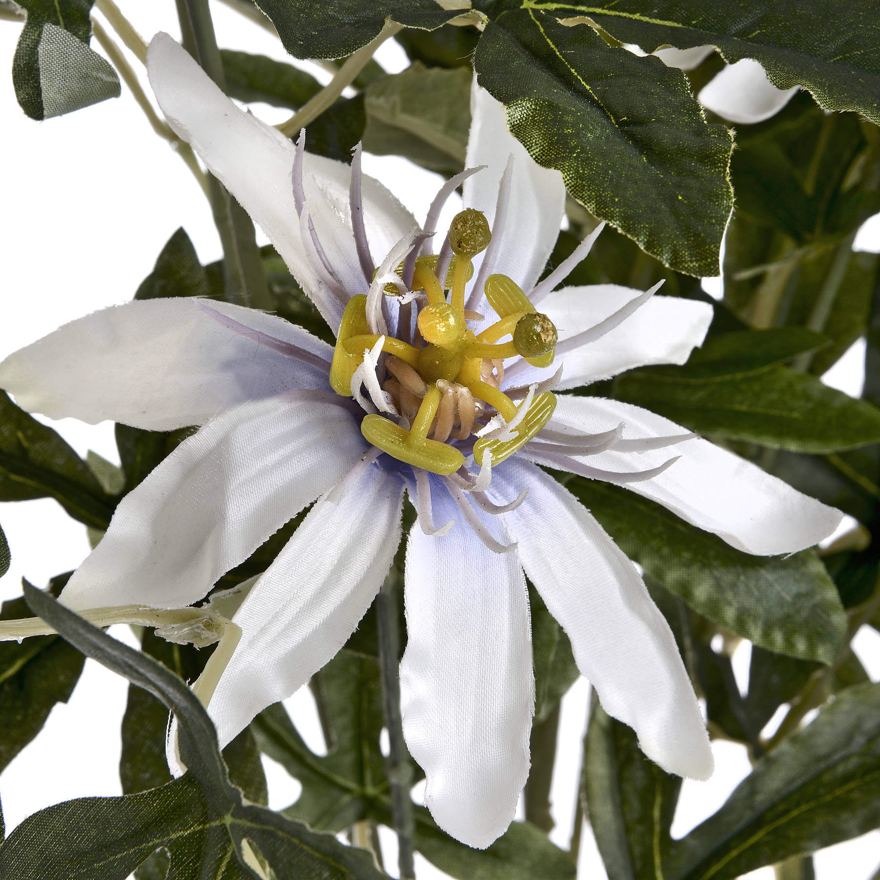 White artificial passion flower spray with verdant foliage, lifelike petals and filaments, 89cm home decor accent by sostter at brixbailey.com