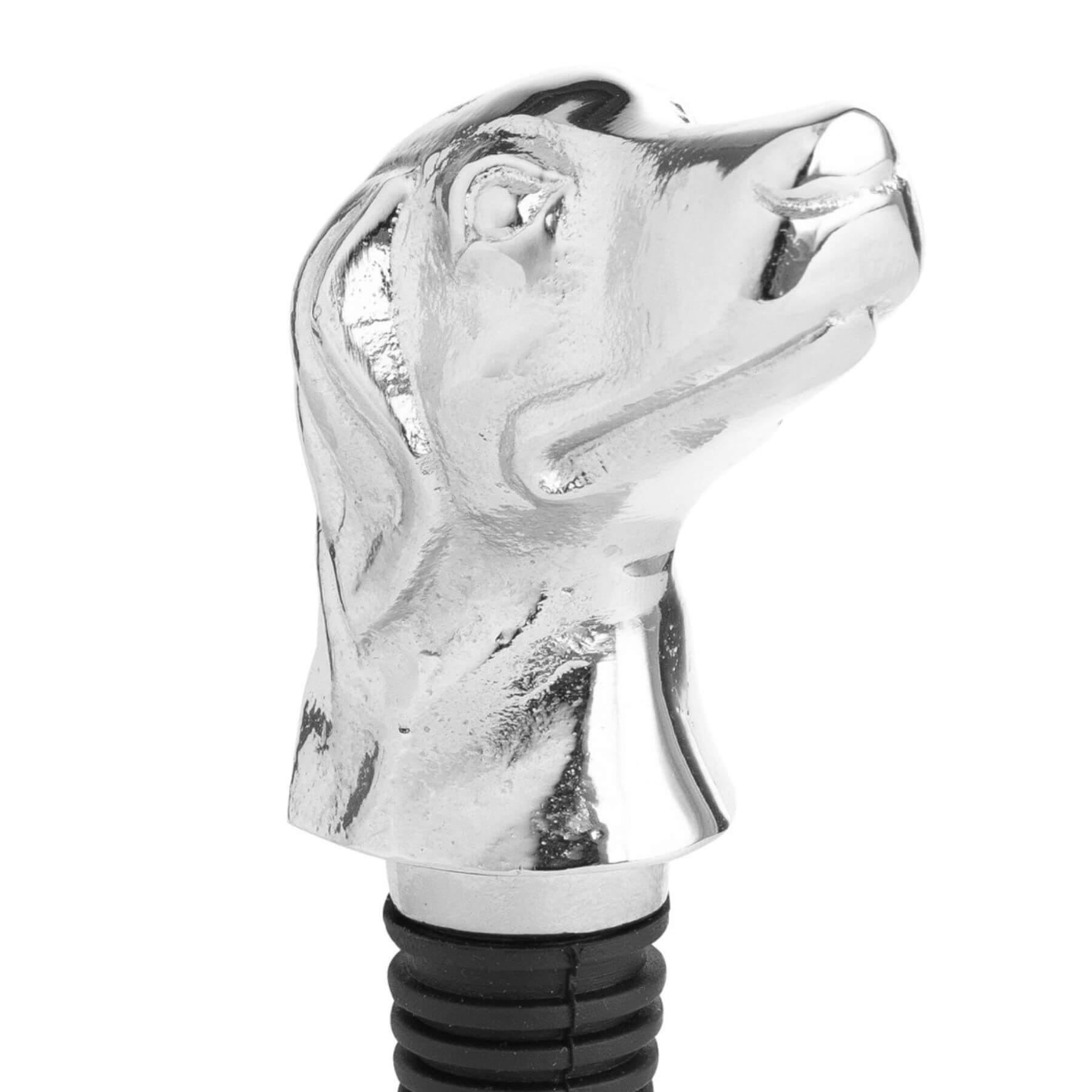 Silver nickel dog head wine bottle stopper, elegant metal pour spout with detailed canine sculpture  by RoomLondon at brixbailey.com
