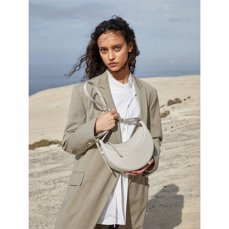 Litchi Leather Crescent Shoulder Bag