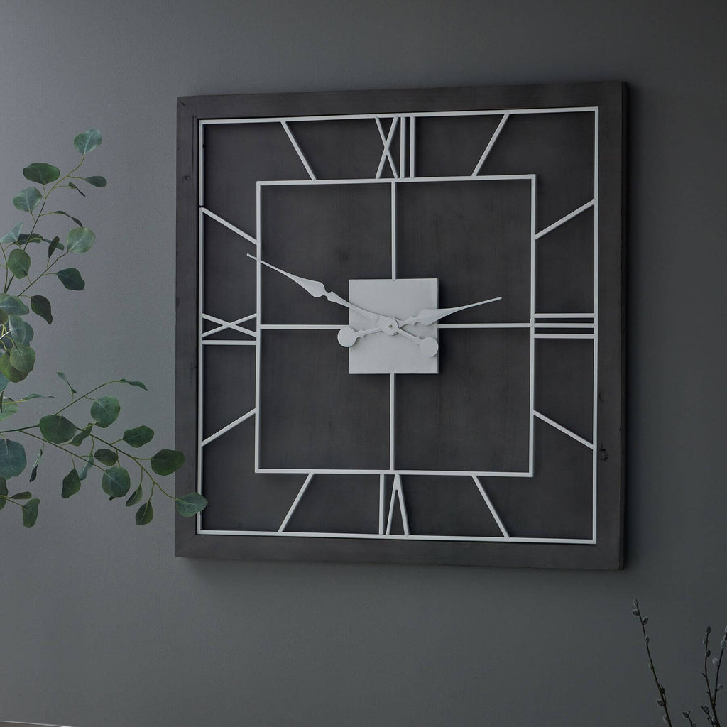 Williston Grey Square Wall Clock with Roman numerals on grey wood frame, modern home decor by sostter at brixbailey.com