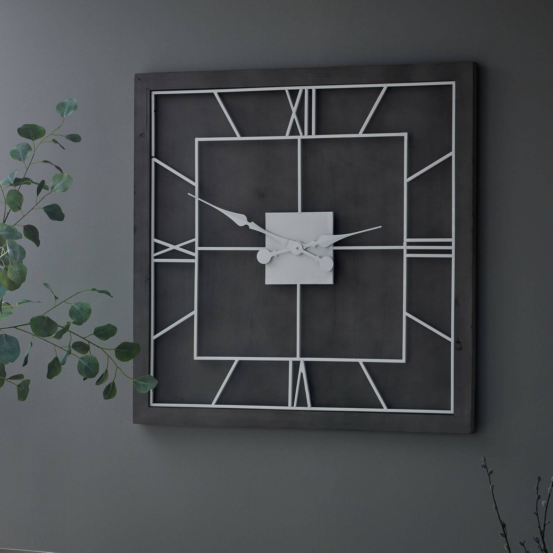 Williston Grey Square Wall Clock with Roman numerals on grey wood frame, modern home decor by sostter at brixbailey.com