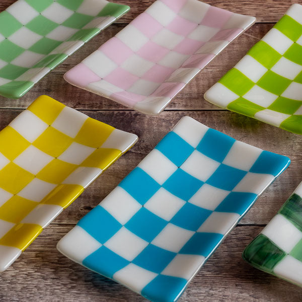 Chequered White and Colour Large Fused Glass Tray 21x12cm