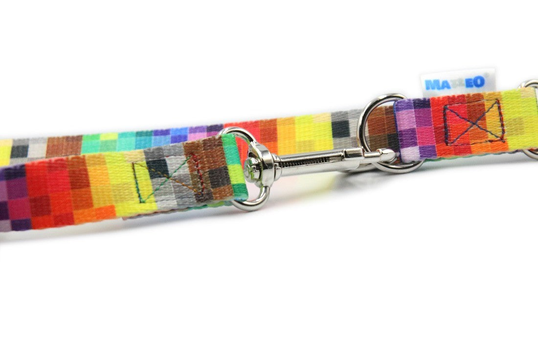 bold close-up of a pixel-pattern dog leash with a polished polish carabiner