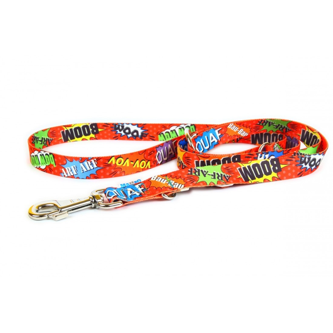 bold red graffiti leash with a strong carabiner clasp on a dark urban background