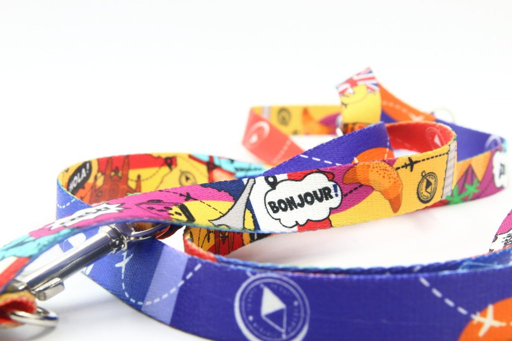 soft matteo travel leash with eiffel tower and pyramid pattern, lying on a cozy blanket