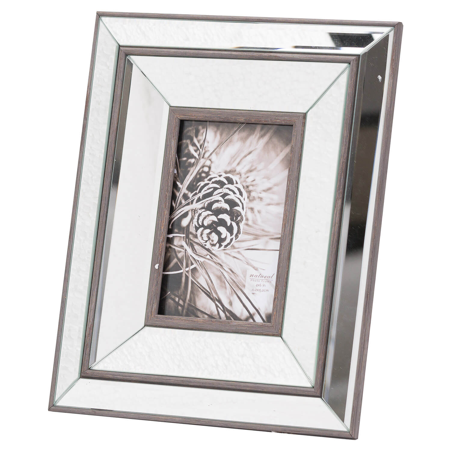 bold wood and mirror frame with dramatic lighting on a dark surface