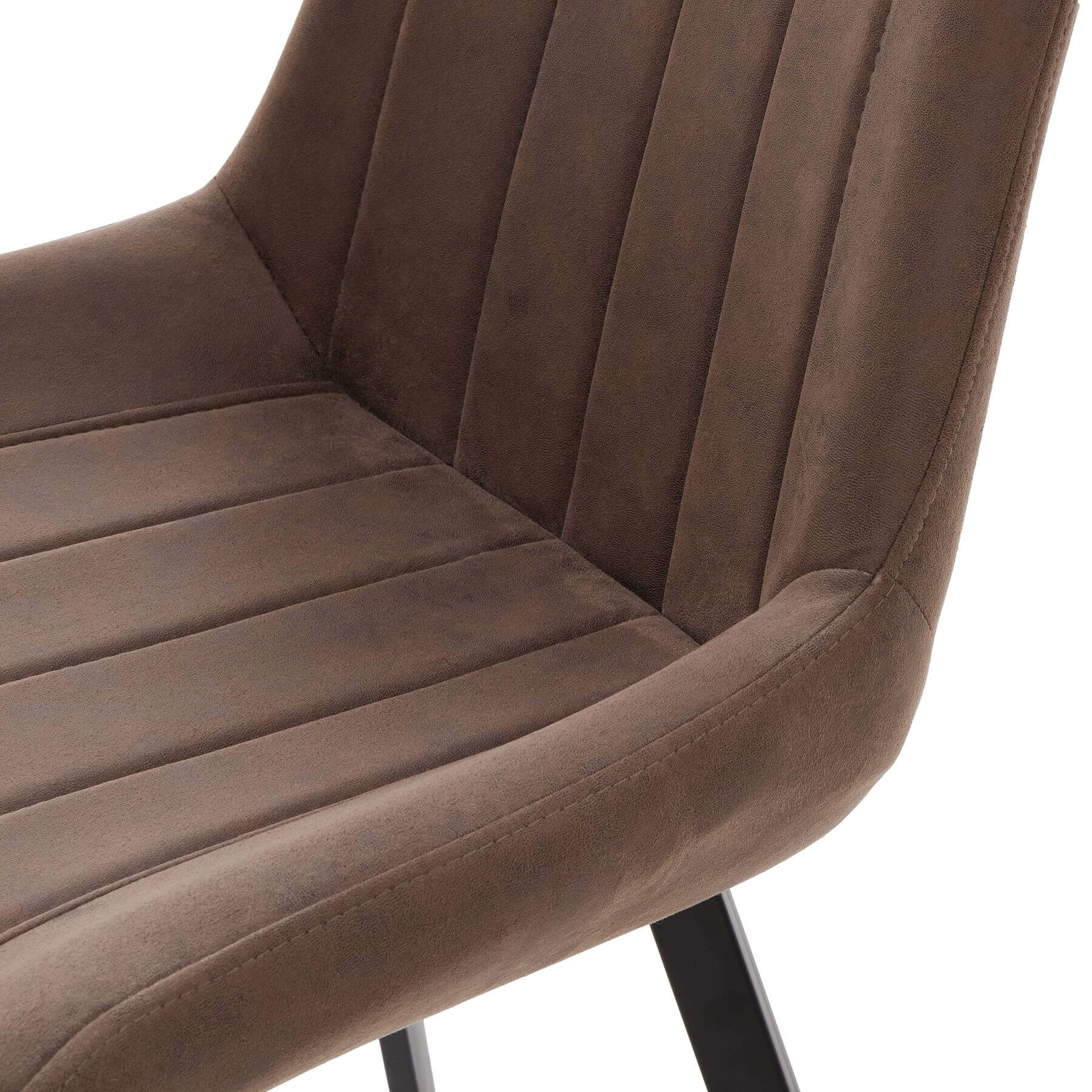 Malmo coffee brown faux leather dining chair with black metal legs and channel-stitched design by sostter at brixbailey.com