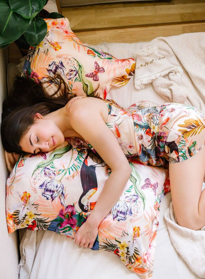 Botanical Silk Pillowcase in Hand Painted Eden Print Oxford Style