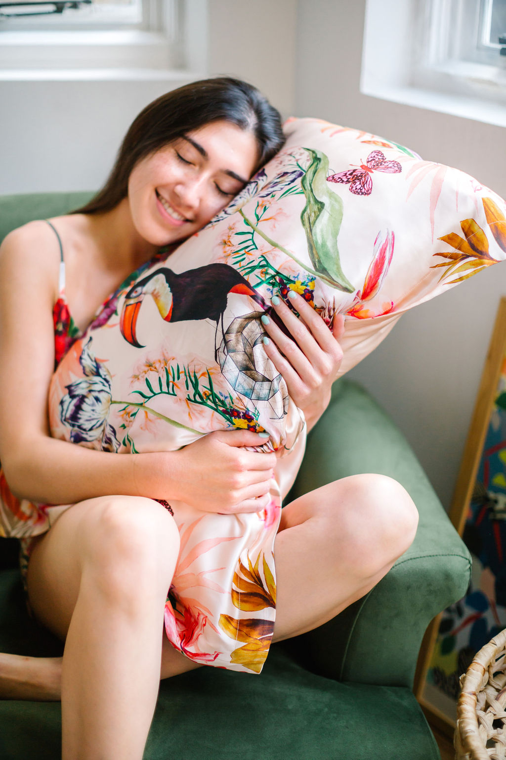 Botanical Silk Pillowcase in Hand Painted Eden Print Oxford Style