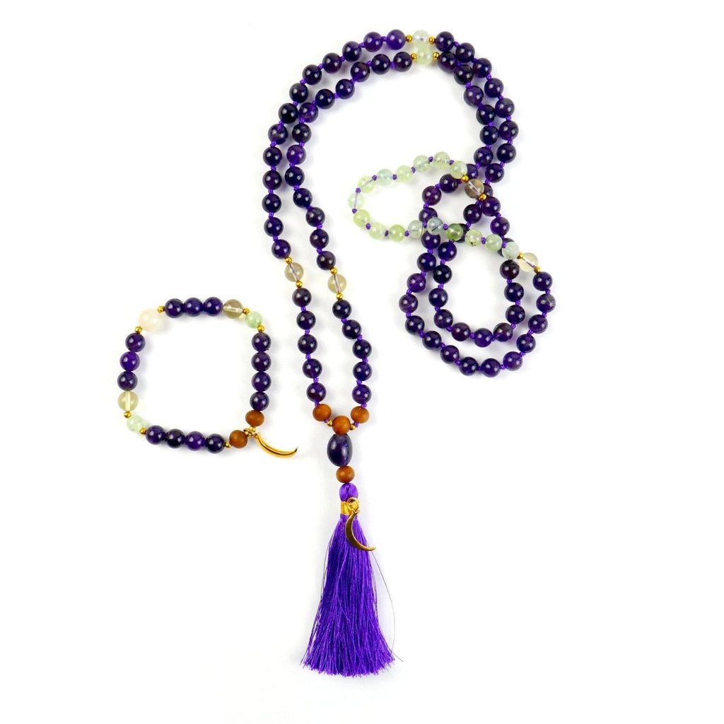 Amethyst Mala Necklace and Bracelet Set with Meditation Course