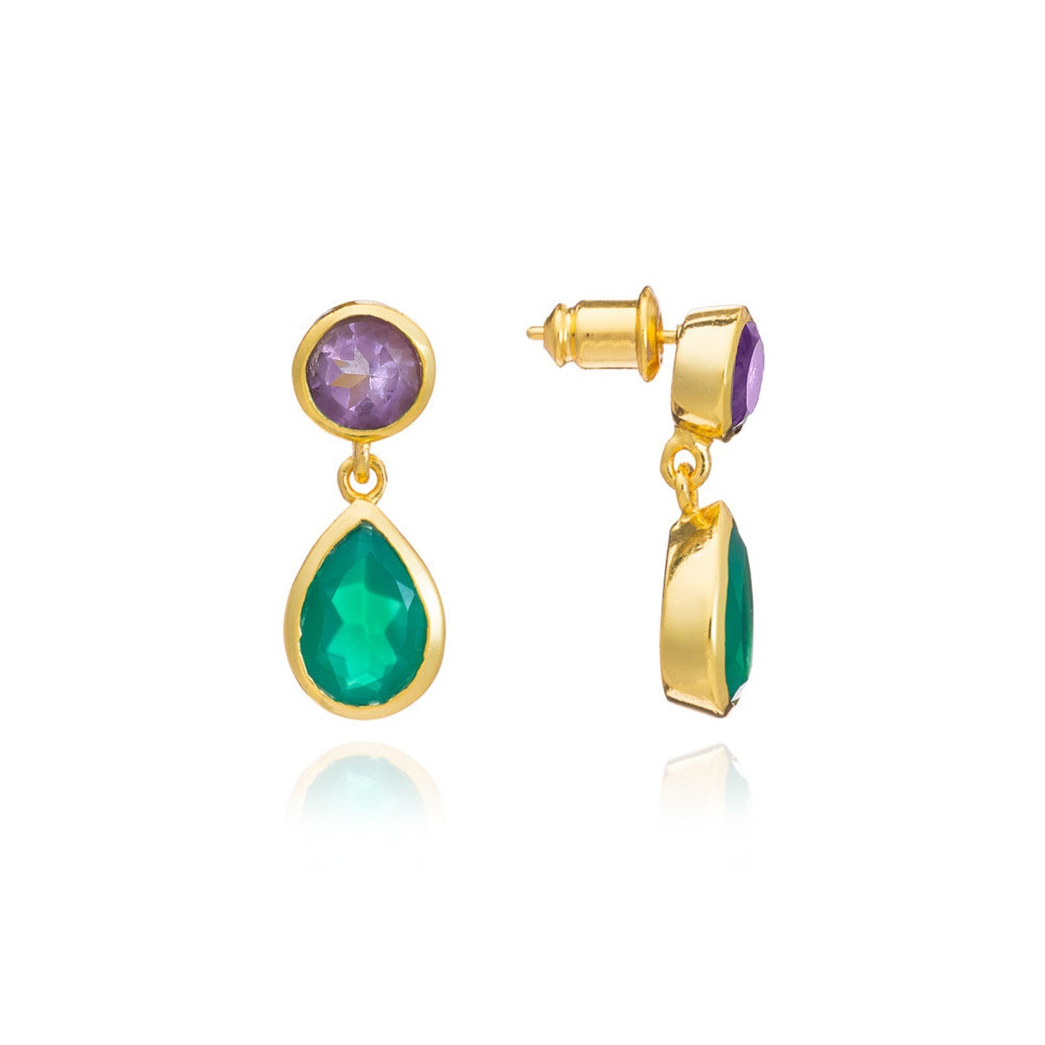 Iris Double Gemstone Drop Earrings with Amethyst & Green Onyx