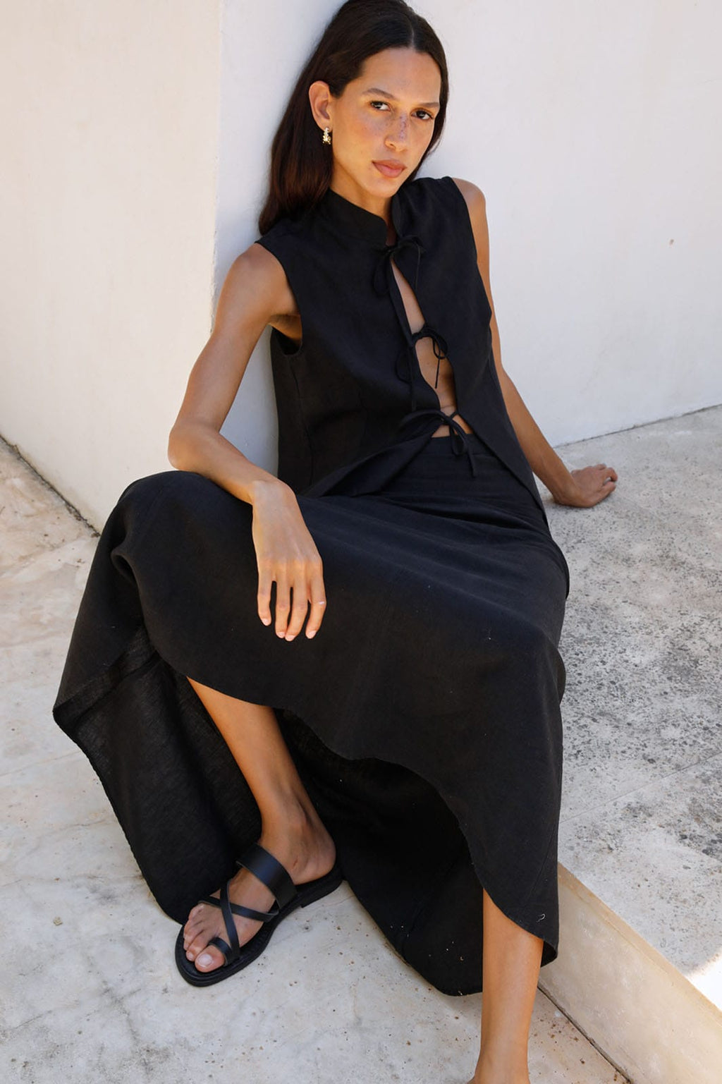 The Alma Stand-Up Collar Tie Vest in black