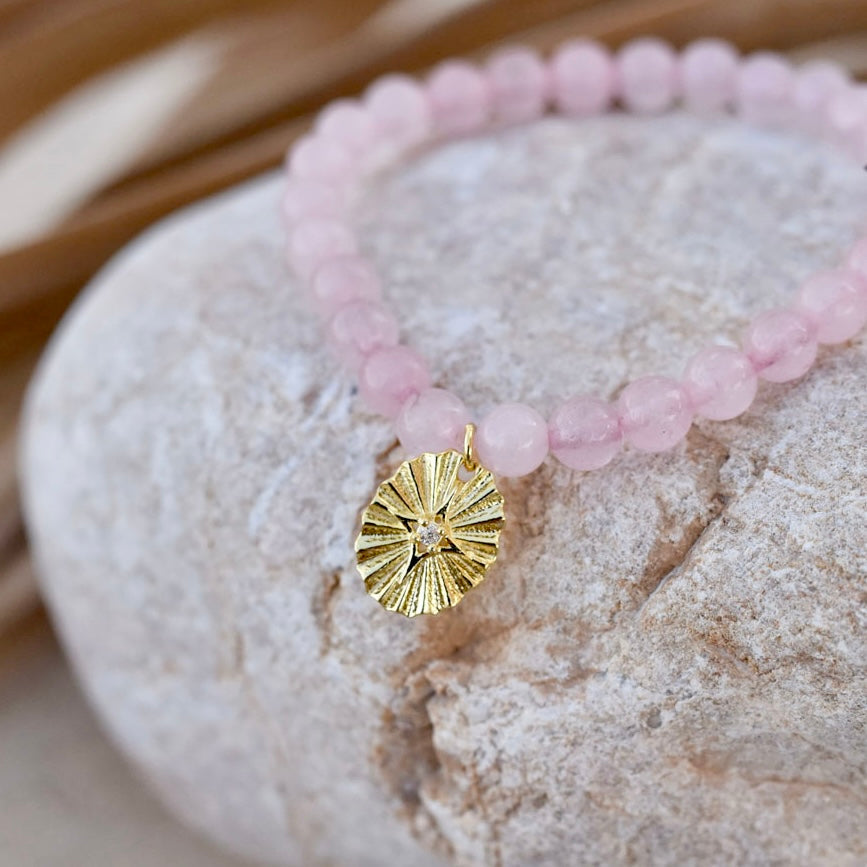 Astral Crucis Gemstone Beaded Bracelet Rosestone & Cubic Zirconia