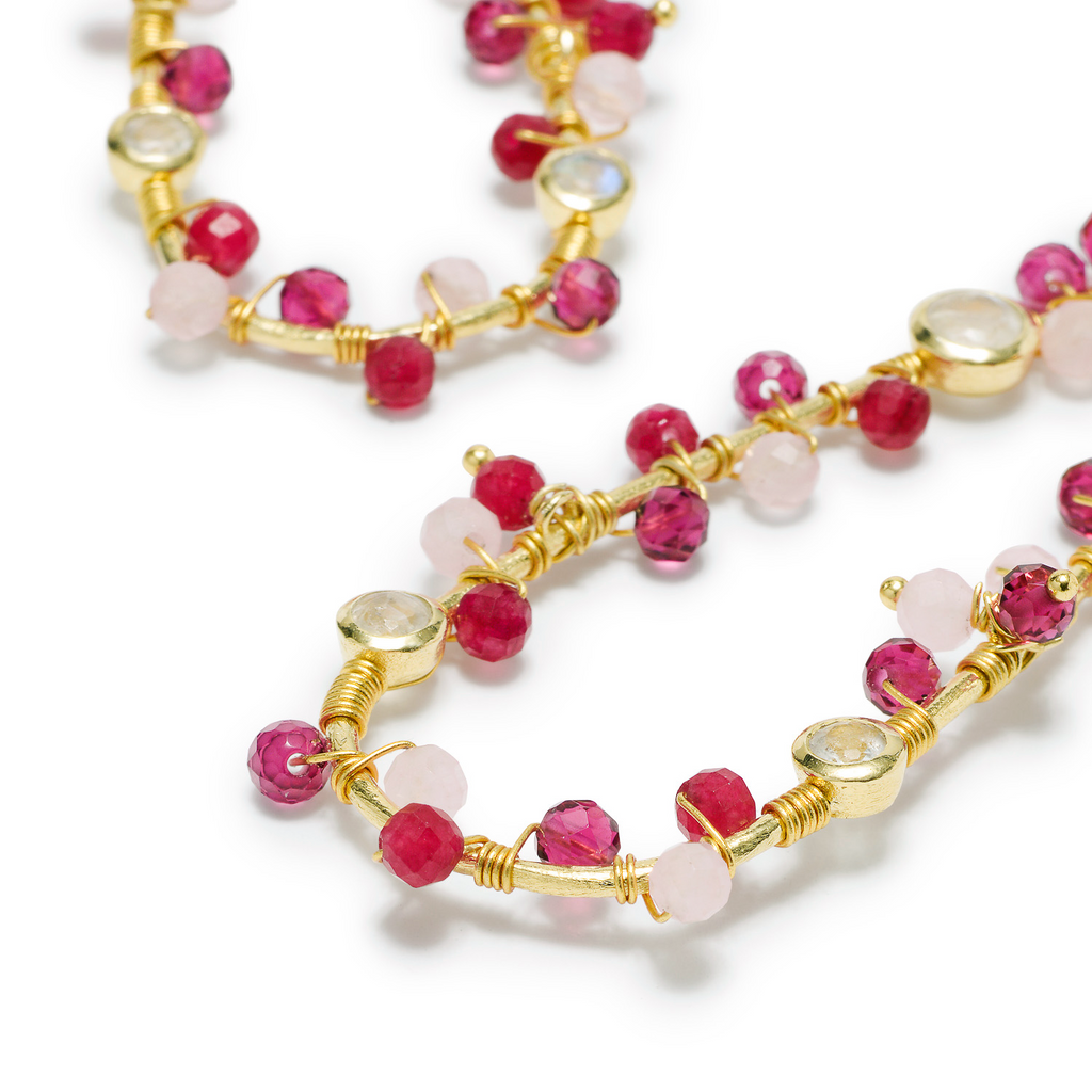 Large Teardrop Wire Wrapped Gemstone Earrings in Moonstone and Rose Quartz