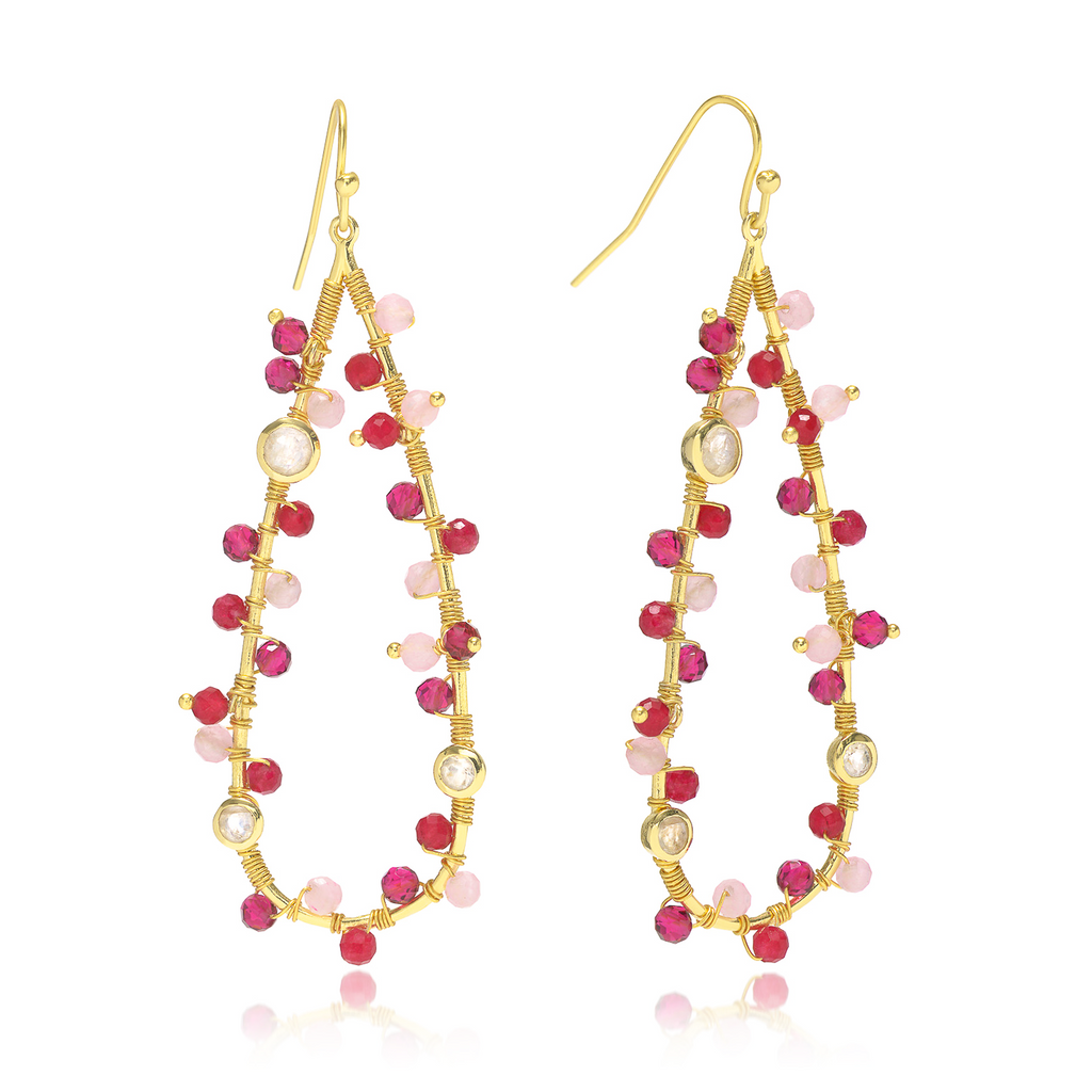 Large Teardrop Wire Wrapped Gemstone Earrings in Moonstone and Rose Quartz