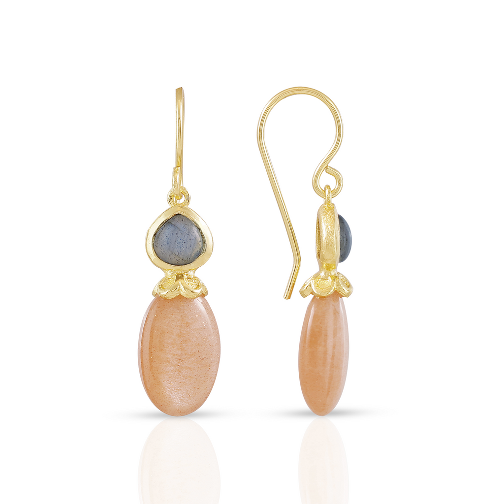 Persephone Double Gemstone Earrings in Peach Moonstone and Labradorite