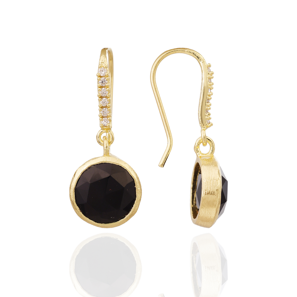 Charis Round Gemstone Earrings Black Onyx, Front CZ Hooks