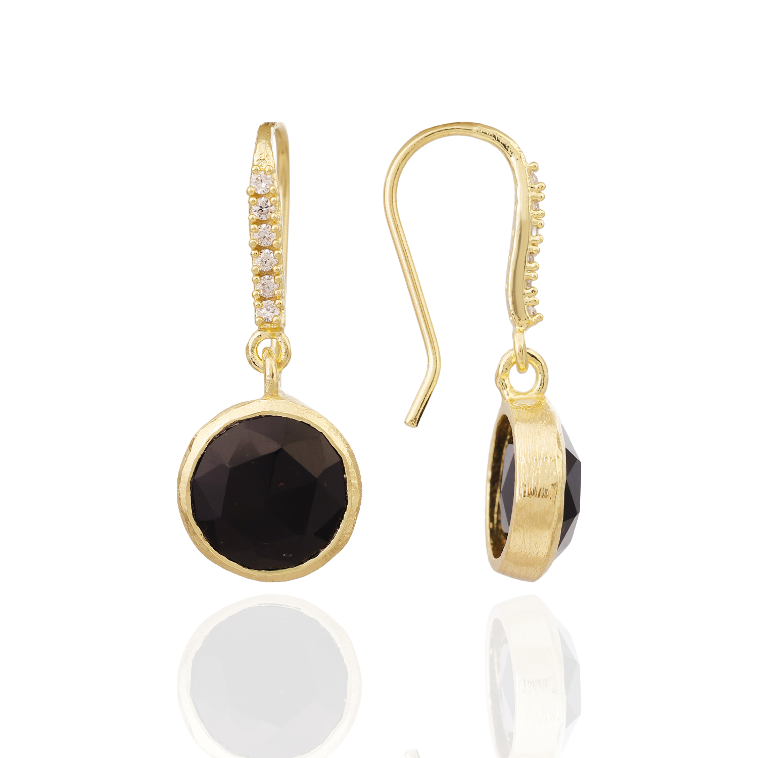 Charis Round Gemstone Earrings Black Onyx, Front CZ Hooks